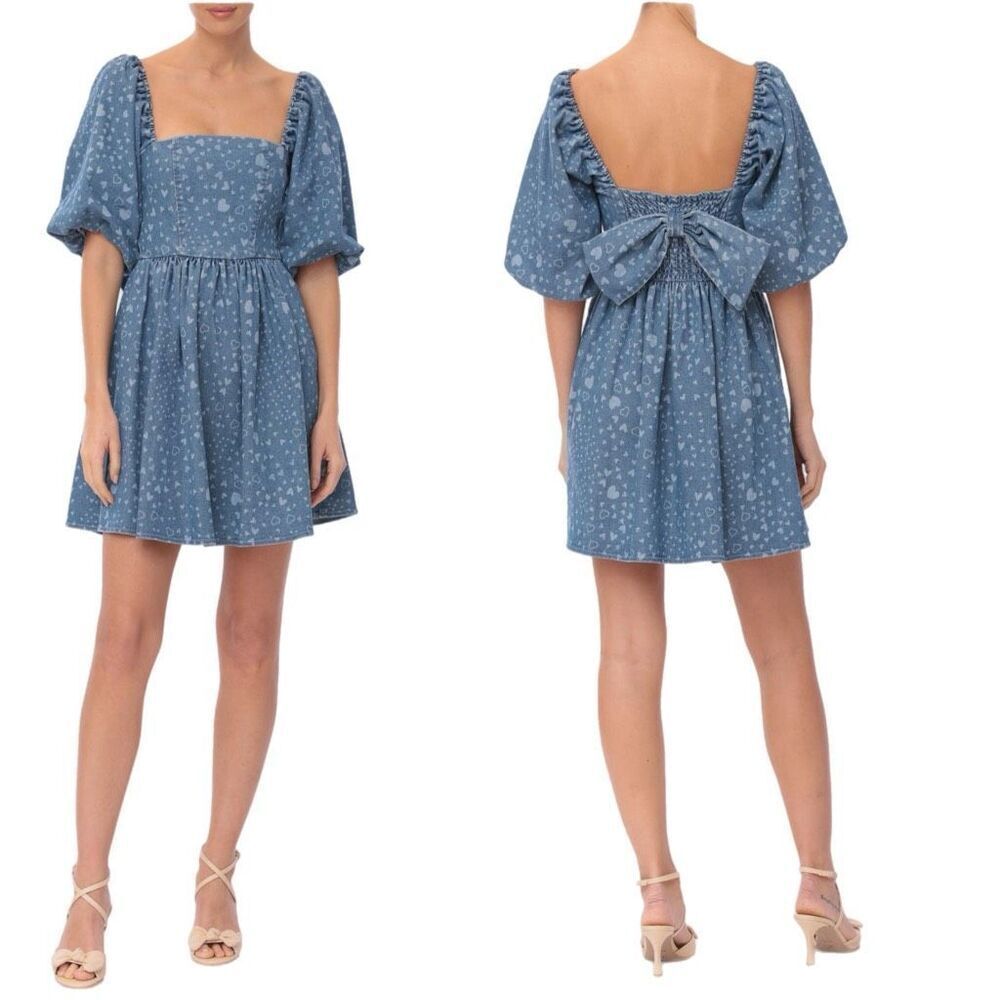 NWT Avec Les Filles puff sleeves baby doll mini dress in denim with heart prints